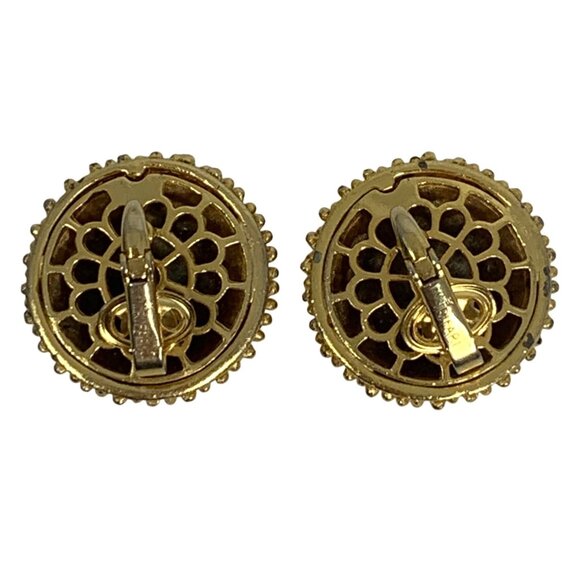 CROWN TRIFARI Clip On Dome Earrings Brushed Gold Tone Dotted Edge Signed VTG - Picture 4 of 6